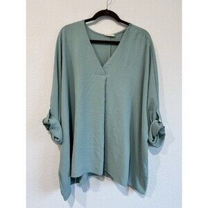 Entro Women's Blue Oversized V Neck Blouse Roll Tab Sleeve *No Size